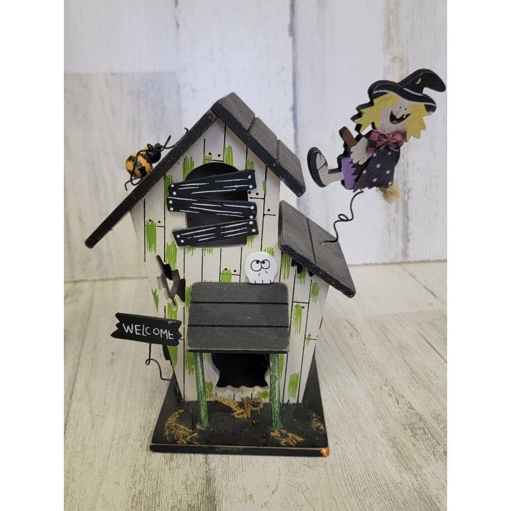 Wooden haunted house welcome witch spider skull Halloween prop